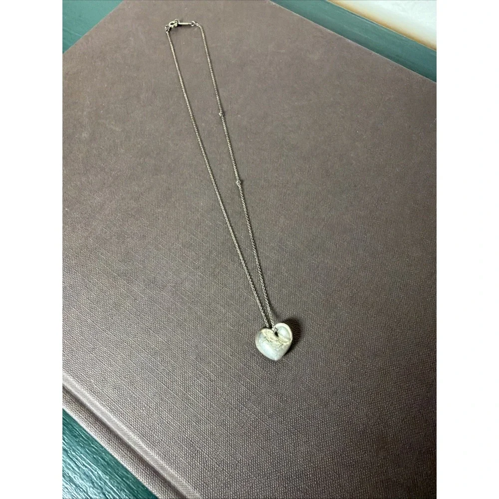 Tiffany & Co Solid Sterling Silver Puff Heart Charm Pendant Necklace 925‎ Patina